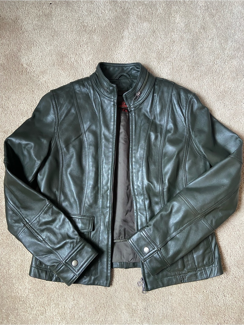 Danier Dark Green Leather Jacket with Stand Collar